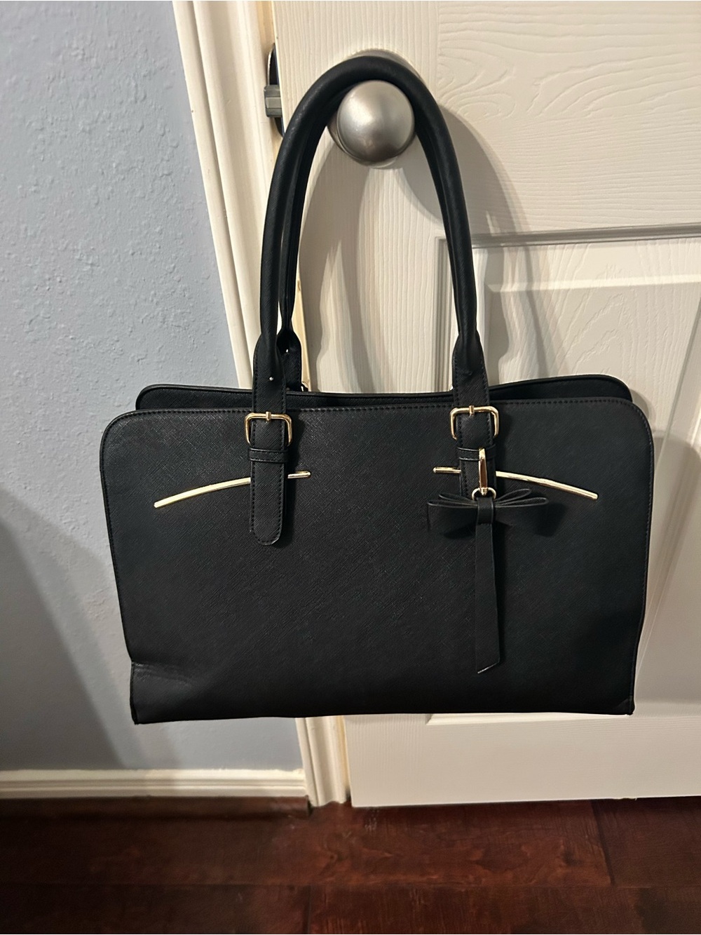 Structured Black Shoulder Tote with Bow Accent
